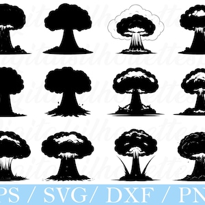 May include: A collection of black and white mushroom cloud silhouettes. The image features various stylized depictions of mushroom clouds, suitable for digital design projects. The bottom of the image includes the text "EPS / SVG / DXF / PNG".