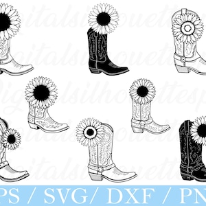 Cowboy Boots with Sunflower Svg, Cowboy Boots Silhouette, Dxf, Png