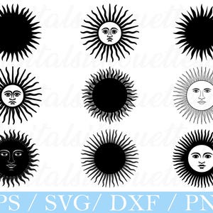 May include: Nine black and white sun designs with various facial expressions and ray patterns. The suns are arranged in a grid, with some solid and others with detailed faces. The bottom of the image includes the text "EPS / SVG / DXF / PNG".