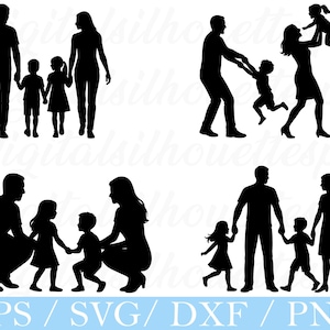 Puede incluir: Ilustraciones de siluetas negras de familias. La imagen muestra padres e hijos en varias poses, como caminar, jugar y tomarse de la mano. La parte inferior de la imagen tiene el texto "EPS / SVG / DXF / PNG".
