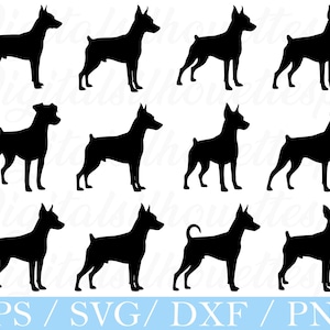 May include: A collection of black dog silhouettes in various poses. The dogs are depicted in a minimalist style, with clean lines and a focus on their form. The image includes the text "EPS / SVG / DXF / PNG" at the bottom.