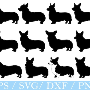 Könnte beinhalten: Eine Ansammlung schwarzer Corgi-Hund-Silhouetten in verschiedenen Posen, vor einem weißen Hintergrund. Eine Corgi-Silhouette ist schwarz und weiß. Der untere Teil des Bildes enthält den Text "EPS / SVG / DXF / PNG".