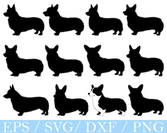 Op de afbeelding: Een verzameling zwarte corgi-hondsilhouetten in verschillende poses, tegen een witte achtergrond. Eén corgi-silhouet is zwart en wit. De onderkant van de afbeelding bevat de tekst "EPS / SVG / DXF / PNG".