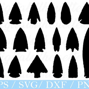 以下が含まれることがあります： 様々な形状の黒い矢じりのシルエットのコレクション。画像の下部には「EPS / SVG / DXF / PNG」というテキストが含まれています。これらのグラフィック要素は、デジタルデザインプロジェクトに適しています。