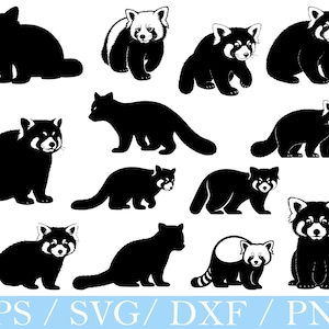 以下が含まれることがあります： 様々なポーズのレッサーパンダの白黒イラストのコレクション。一部は黒いシルエットで、その他はレッサーパンダの特徴的な模様を示しています。画像の下部には「EPS / SVG / DXF / PNG」というテキストが含まれています。