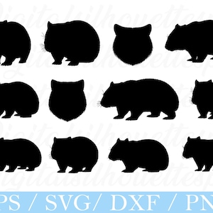 Puede incluir: Una colección de siluetas negras de wombat en varias poses, incluyendo perfiles laterales y una vista frontal. La imagen incluye el texto "EPS / SVG / DXF / PNG" en una pancarta azul en la parte inferior, indicando formatos de archivo.