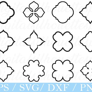 Könnte beinhalten: Eine Sammlung von zwölf schwarz-weißen dekorativen Rahmendesigns in verschiedenen Formen. Die Designs umfassen Vierpass-, Blumen- und geometrische Muster. Der untere Teil des Bildes zeigt den Text "EPS / SVG / DXF / PNG" in einem hellblauen Feld.