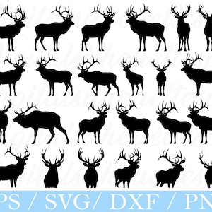 May include: Black silhouette images of elk in various poses. The elk have large antlers and are depicted standing, walking, and facing different directions. The bottom of the image has the text "EPS / SVG / DXF / PNG".