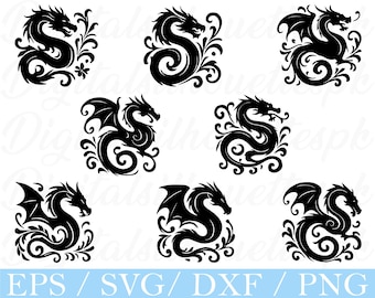 Floral Dragons Svg, Dragon Silhouette, Dxf, Png