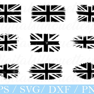 May include: Nine black and white Union Jack flag designs in various distressed styles. The flags are rectangular and oval, with a grunge or brushstroke effect. The bottom of the image has the text "EPS / SVG / DXF / PNG".