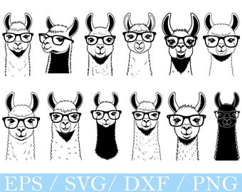 Cute Llama Wearing Glasses SVG, PNG, Dxf (Digital Download)