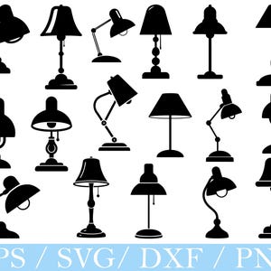 Può includere: Illustrazioni in silhouette nera di varie lampade. I design includono lampade da scrivania, da tavolo e da terra, ciascuna con paralumi e basi uniche. Adatto per progetti di design digitale.