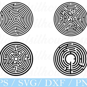 May include: Four black and white circular maze designs. Each maze has a unique pattern of concentric circles and pathways. The bottom of the image displays the text "EPS / SVG / DXF / PNG".