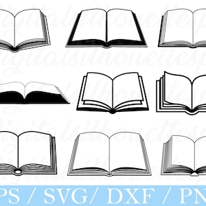 May include: Nine black and white illustrations of open books, each with a different perspective. The image displays the open pages and spines of the books. The bottom of the image includes the text "EPS / SVG / DXF / PNG".