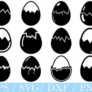Puede incluir: Doce ilustraciones en blanco y negro de huevos de Pascua, algunos enteros y otros agrietados. La imagen muestra diferentes etapas de eclosión. La parte inferior de la imagen contiene el texto "EPS / SVG / DXF / PNG".