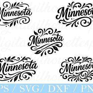 May include: Black and white graphic designs of the word "Minnesota" in various ornate cursive styles, surrounded by decorative flourishes and leaves. The bottom of the image includes the text "EPS / SVG / DXF / PNG".
