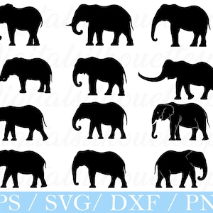 May include: A set of black elephant silhouettes in different poses. The image features several illustrations of elephants with their trunks in various positions. The bottom of the image shows the text "EPS / SVG / DXF / PNG".