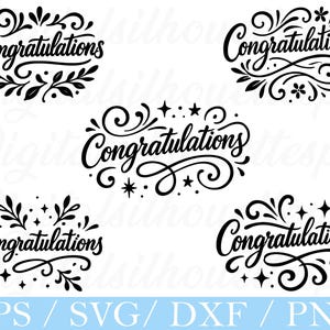 Op de afbeelding: Vijf zwarte "Gefeliciteerd" ontwerpen in verschillende elegante, cursieve lettertypen, elk met decoratieve krullen, bladeren en sterren. De onderkant van de afbeelding bevat de tekst "EPS / SVG / DXF / PNG".