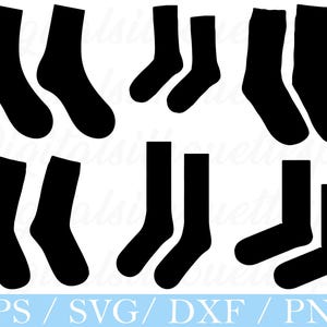 May include: Black sock silhouettes in various styles, including crew and ankle socks. The image features multiple pairs of socks, ideal for digital design projects. The text at the bottom reads "EPS / SVG / DXF / PNG".