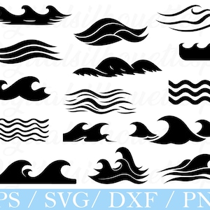Peut inclure: Plusieurs motifs de vagues noires de styles variés. L'image présente diverses illustrations de vagues, notamment des crêtes stylisées et des lignes fluides. Le bas de l'image affiche le texte "EPS / SVG / DXF / PNG" en bleu.