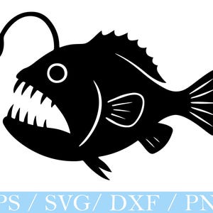 Puede incluir: Ilustración de un pez rape negro con dientes afilados, un ojo grande y un señuelo brillante. El pez es una silueta sobre un fondo blanco. El texto "EPS / SVG / DXF / PNG" está en la parte inferior.