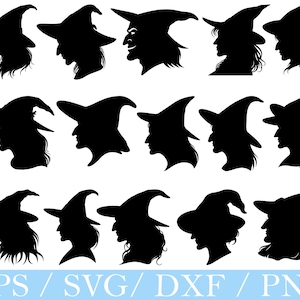 May include: A collection of black silhouette images of witches wearing pointed hats. The images are in profile, showcasing various hairstyles and facial expressions. The bottom of the image displays the text "EPS / SVG / DXF / PNG".