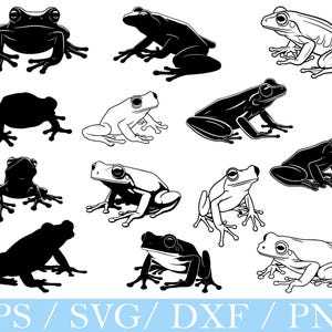 May include: A collection of stylized frog illustrations in black and white. The image features various frog poses, including front-facing, side profiles, and silhouettes. Text at the bottom reads "EPS / SVG / DXF / PNG".