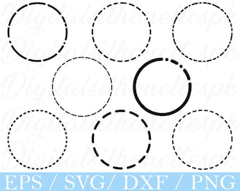 May include: A collection of eight black circular designs, each with a unique pattern. Some circles are solid, while others are composed of dashes or short lines. The image includes the text "EPS / SVG / DXF / PNG" at the bottom.
