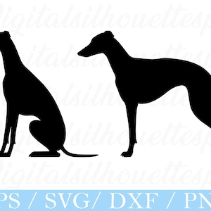 Pode incluir: Duas silhuetas pretas de um cão galgo. Uma está sentada, a outra está em pé. A imagem tem o texto "EPS / SVG / DXF / PNG" em uma faixa azul na parte inferior.