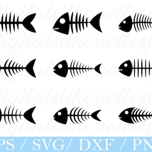 May include: Nine black fish skeleton illustrations are displayed. Each skeleton features a detailed rib cage, a head with an eye, and a tail fin. The bottom of the image includes the text "EPS / SVG / DXF / PNG".