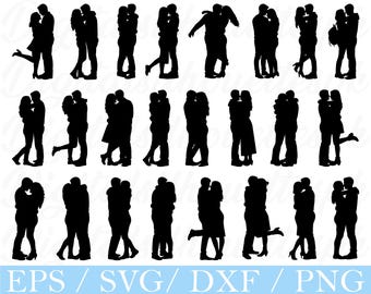 May include: A collection of black silhouette images of couples in various romantic poses, including hugging and kissing. The bottom of the image displays the text "EPS / SVG / DXF / PNG".