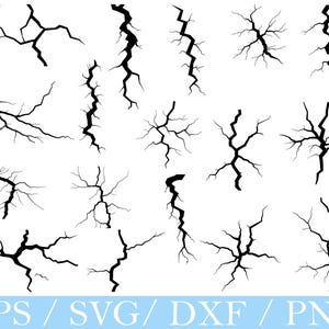 May include: A set of black crack illustrations against a white backdrop. The cracks are diverse in form, including long vertical lines and branching designs. The bottom of the image displays the text "EPS / SVG / DXF / PNG".