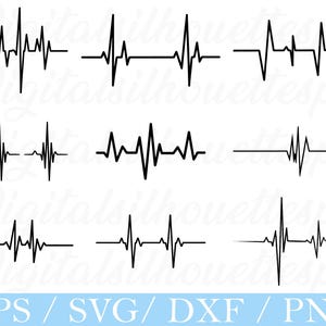 Pode incluir: Uma coleção de nove designs de arte de linha de batimentos cardíacos pretos. Os designs variam em forma e tamanho, com o texto "EPS / SVG / DXF / PNG" em uma caixa azul clara na parte inferior.