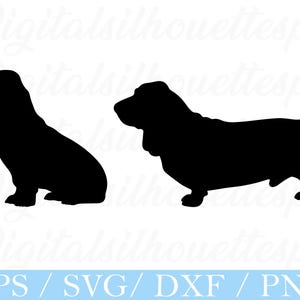 Puede incluir: Dos siluetas negras de basset hound. Una está sentada, la otra está de pie. La imagen tiene el texto "Digitalsilhouettespk" y "EPS / SVG / DXF / PNG" en una barra azul en la parte inferior.