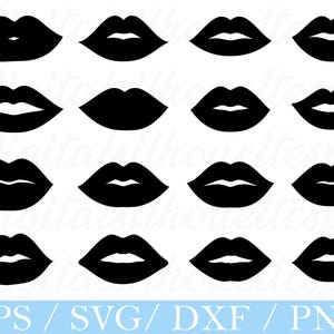 以下が含まれることがあります： 白背景に配置された、さまざまな形とサイズの黒い唇のシルエットのコレクション。画像には、下部に水色のバナーで「EPS / SVG / DXF / PNG」というテキストが含まれています。