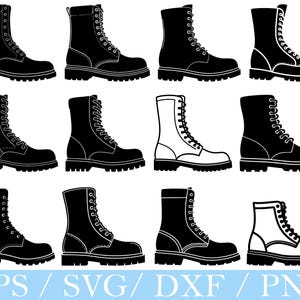 May include: A collection of combat boot illustrations in black and white. The boots feature a lace-up design and a sturdy sole. The image includes various styles of the boots, perfect for design projects. The bottom of the image includes the text "EPS / SVG / DXF / PNG".