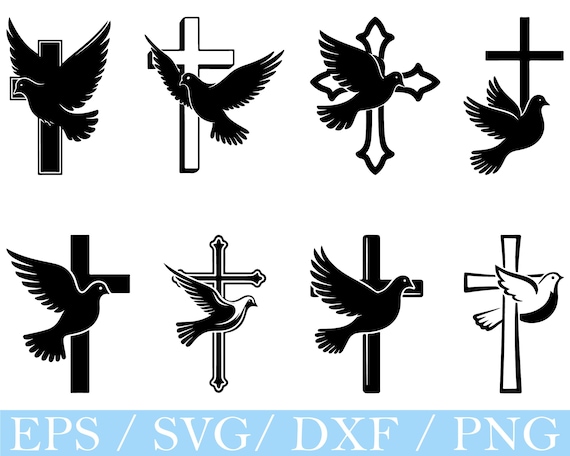 十字架の標識を持つ鳩の鳥 SVG、十字架のシルエットを持つ鳩、DXF、PNG