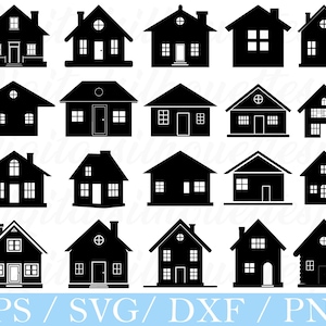 Könnte beinhalten: Eine Sammlung schwarzer Haussilhouetten in verschiedenen Stilen, darunter unterschiedliche Dachformen, Fensteranordnungen und Türdesigns. Das Bild enthält den Text "EPS / SVG / DXF / PNG" am unteren Rand.