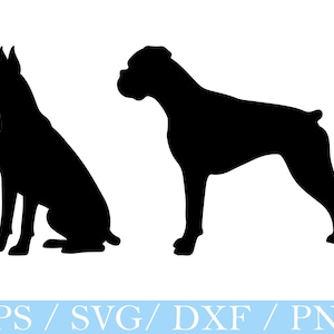 Puede incluir: Silueta negra de dos perros Boxer sobre fondo blanco. Uno está sentado, el otro de pie. La imagen incluye el texto "EPS / SVG / DXF / PNG" en una barra azul claro en la parte inferior.