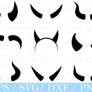 Puede incluir: Una colección de siluetas negras de cuernos de diablo en varias formas y tamaños. La imagen incluye un par de cuernos, una diadema con cuernos y otros diseños de cuernos. La parte inferior de la imagen muestra el texto "EPS / SVG / DXF / PNG".