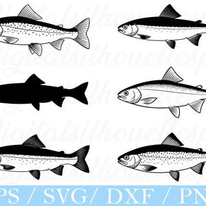 Puede incluir: Una colección de seis ilustraciones de peces en blanco y negro. La imagen presenta contornos detallados y siluetas sólidas de peces. El texto "EPS / SVG / DXF / PNG" se muestra en una pancarta azul en la parte inferior de la imagen, indicando formatos de archivo.