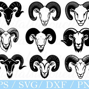 Puede incluir: Una colección de nueve ilustraciones de cabezas de carnero en blanco y negro. Cada diseño presenta una perspectiva diferente de la cara y los cuernos del carnero. La parte inferior de la imagen muestra el texto "EPS / SVG / DXF / PNG".