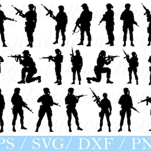Könnte beinhalten: Schwarze Silhouette-Illustrationen von Soldaten in verschiedenen Posen, die Gewehre halten. Die Figuren sind stehend, kniend und zielend dargestellt. Das Bild enthält den Text "EPS / SVG / DXF / PNG" am unteren Rand.