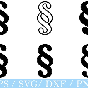 Op de afbeelding: Zwarte paragraafsymbolen in verschillende stijlen. De afbeelding toont effen zwarte en omrande versies van het symbool, gerangschikt in een rasterpatroon. Onderaan de afbeelding staat de tekst "EPS / SVG / DXF / PNG" in lichtblauw.