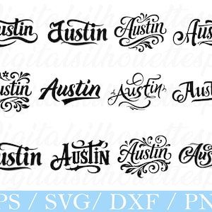 Puede incluir: Una colección de doce diseños de arte de palabras "Austin" en negro en varias fuentes elegantes. El arte de palabras incluye estilos cursivos y decorativos, adecuados para proyectos de diseño digital. La parte inferior de la imagen muestra "EPS / SVG / DXF / PNG".