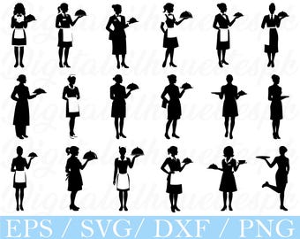 Waitress Svg, Female Waiter Silhouette, Dxf, Png