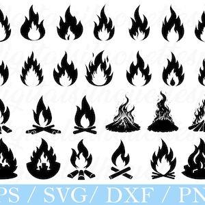 Peut inclure: Une collection d'illustrations de feux et de feux de camp noirs. Les motifs comprennent diverses formes de flammes et des arrangements de feux de camp, adaptés aux projets d'art numérique. Le texte "EPS / SVG / DXF / PNG" est affiché en bas de l'image.