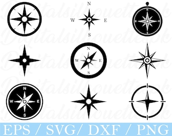 Brújula SVG, silueta de brújula, DXF, PNG