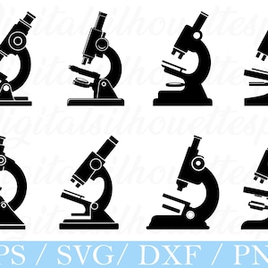 Puede incluir: Ilustraciones de siluetas negras de microscopios en varias posiciones. La imagen incluye ocho diseños de microscopios diferentes, cada uno con una forma y estilo distintos. La parte inferior de la imagen tiene el texto "EPS / SVG / DXF / PNG" en un cuadro azul claro.
