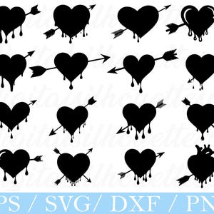 May include: A collection of black heart-shaped designs with a dripping effect, pierced by arrows. The hearts have a smooth, solid appearance, and the arrows are simple with feathered fletching. The bottom of the image displays the text "EPS / SVG / DXF / PNG".